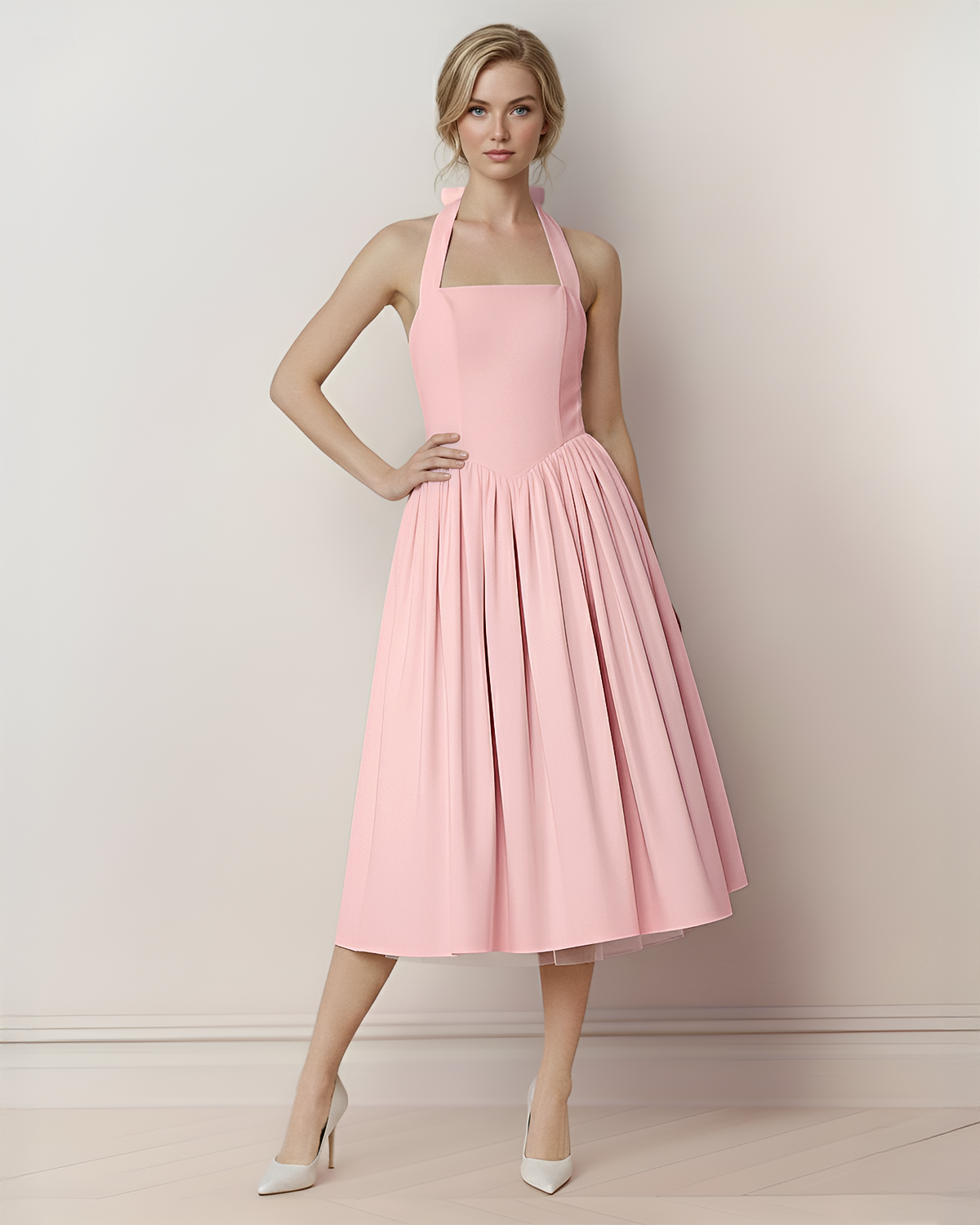 The Rosie Halter Neck Tie Back Bow Midi Dress