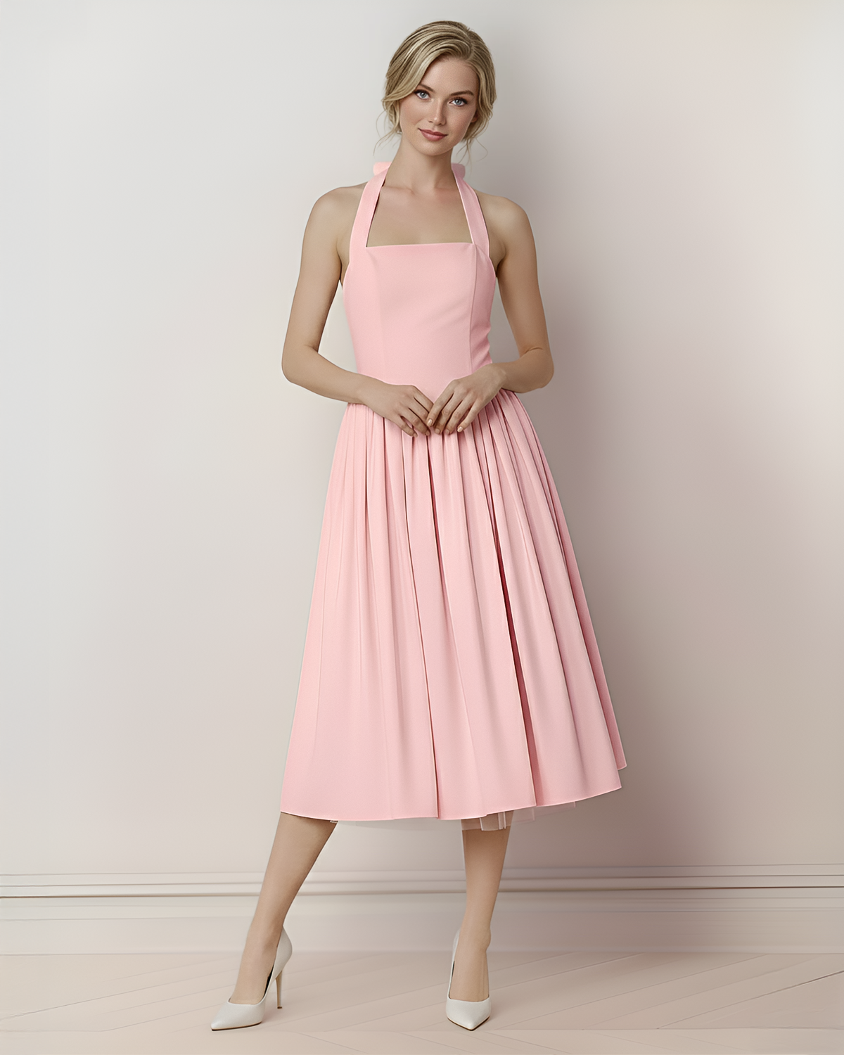 The Rosie Halter Neck Tie Back Bow Midi Dress