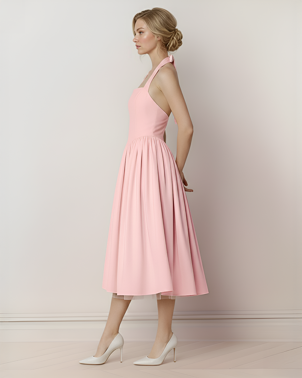 The Rosie Halter Neck Tie Back Bow Midi Dress