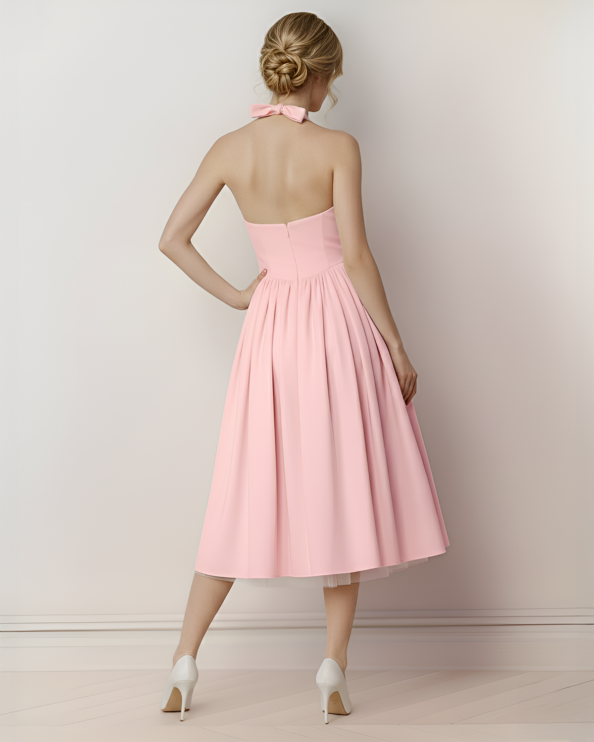 The Rosie Halter Neck Tie Back Bow Midi Dress