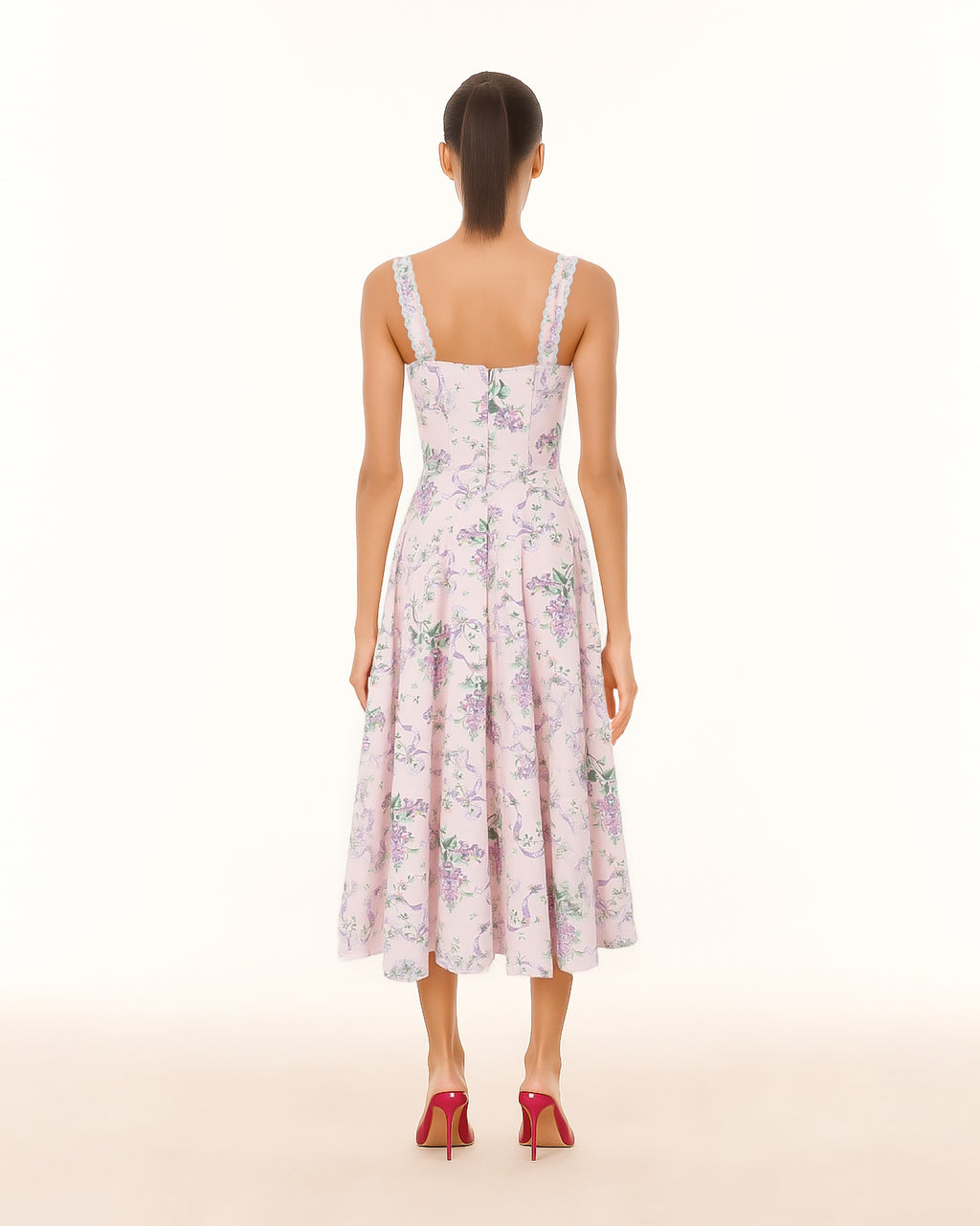 Dear Georgina Arabella Dress in Pink – back view of pink floral midi dress with wide straps and concealed zipper, from the English Garden Party collection.