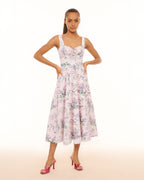 Dear Georgina Arabella Dress in Pink – front view of romantic pink floral midi dress with sweetheart neckline, fishbone waist detail, and wide shoulder straps, English Garden Party collection.