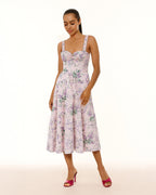 Dear Georgina Arabella Dress in Pink – side front view of pink floral midi dress with ruched bust, wide straps, and full skirt, from the English Garden Party collection.