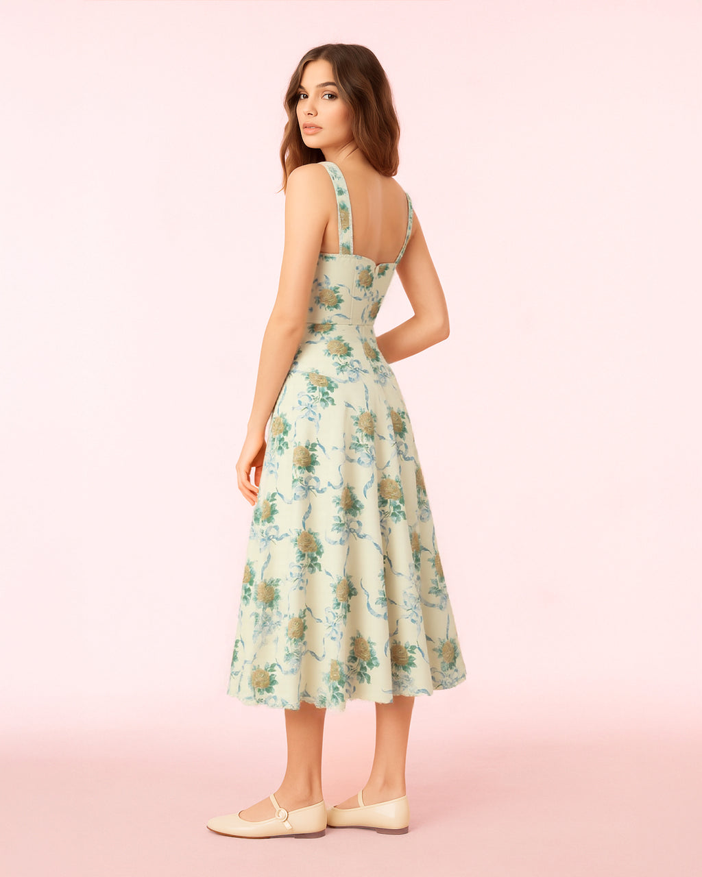 Dear Georgina Arabella Dress – back view of yellow floral midi dress with wide straps and fitted waist, from the English Garden Party collection.