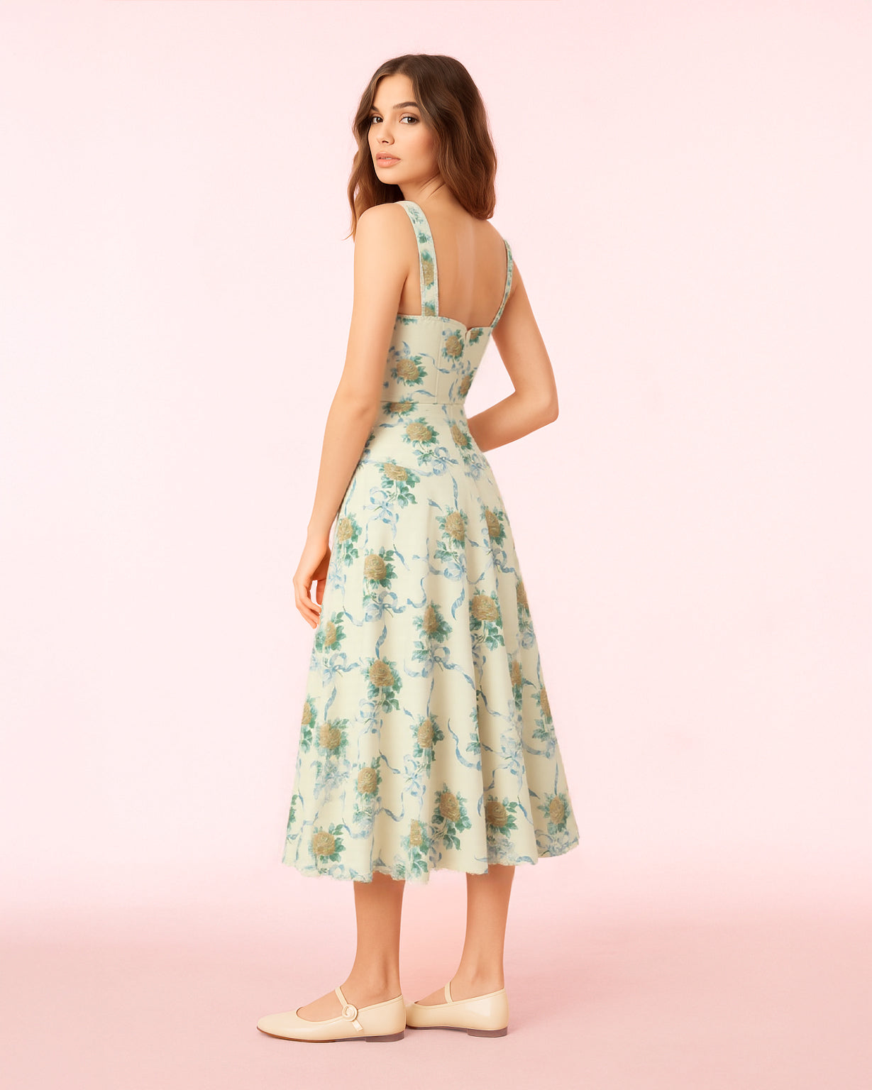 Dear Georgina Arabella Dress – back view of yellow floral midi dress with wide straps and fitted waist, from the English Garden Party collection.