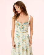 Dear Georgina Arabella Dress – close-up of yellow floral midi dress with lace-up ruched bodice and wide straps, English Garden Party collection.