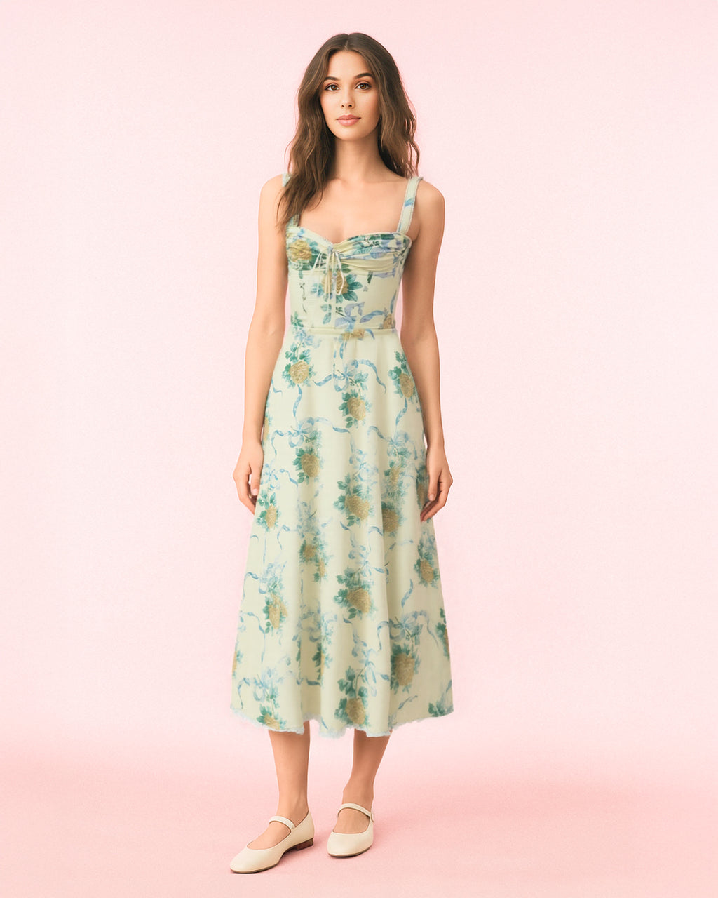 Dear Georgina Arabella Dress – front view of yellow floral midi dress with lace-up bodice and wide shoulder straps, from the English Garden Party collection.