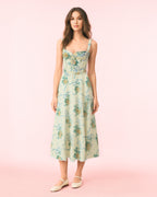 Dear Georgina Arabella Dress – front view of yellow floral midi dress with lace-up bodice and wide shoulder straps, from the English Garden Party collection.