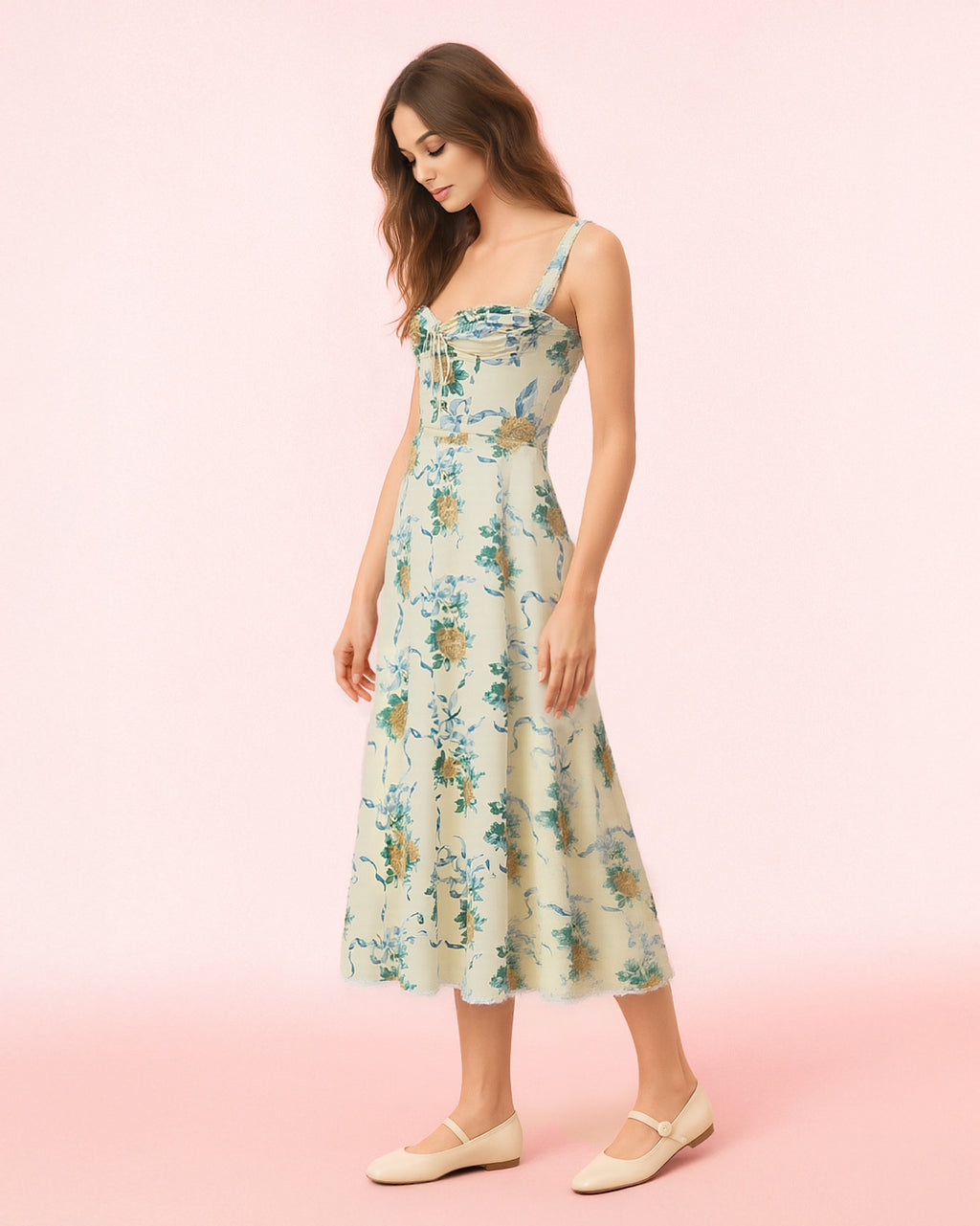 Dear Georgina Arabella Dress – side view of yellow floral ruched midi dress with wide straps and fitted bodice, from the English Garden Party collection.