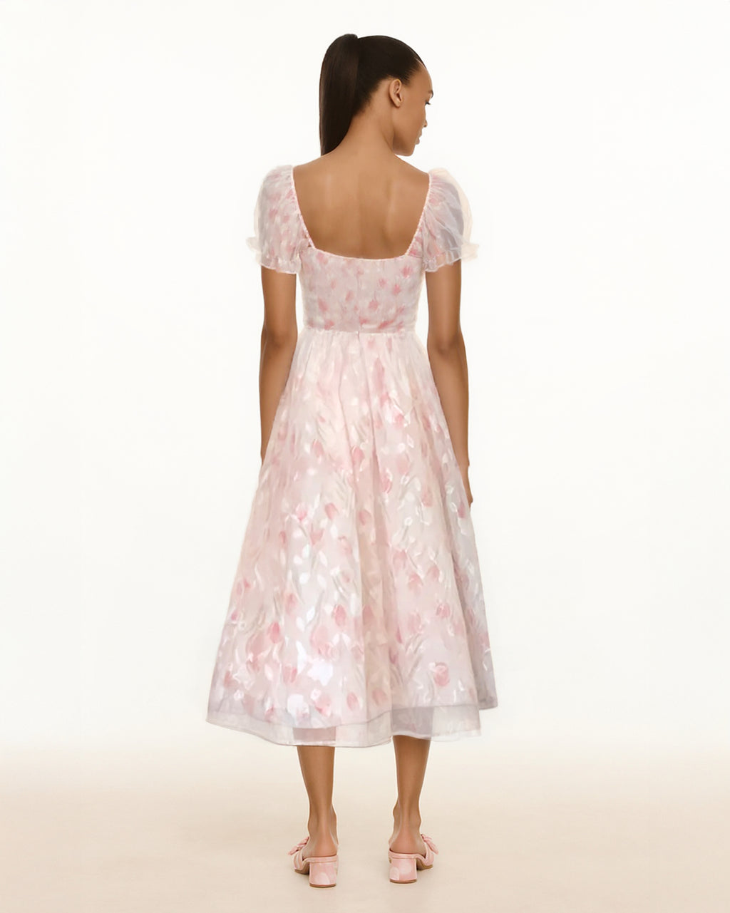 Dear Georgina Beatrice Dress – back view of pink puff sleeve midi dress with floral embroidery and tiered skirt, from the English Garden Party collection.
