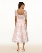 Dear Georgina Beatrice Dress – back view of pink puff sleeve midi dress with floral embroidery and tiered skirt, from the English Garden Party collection.