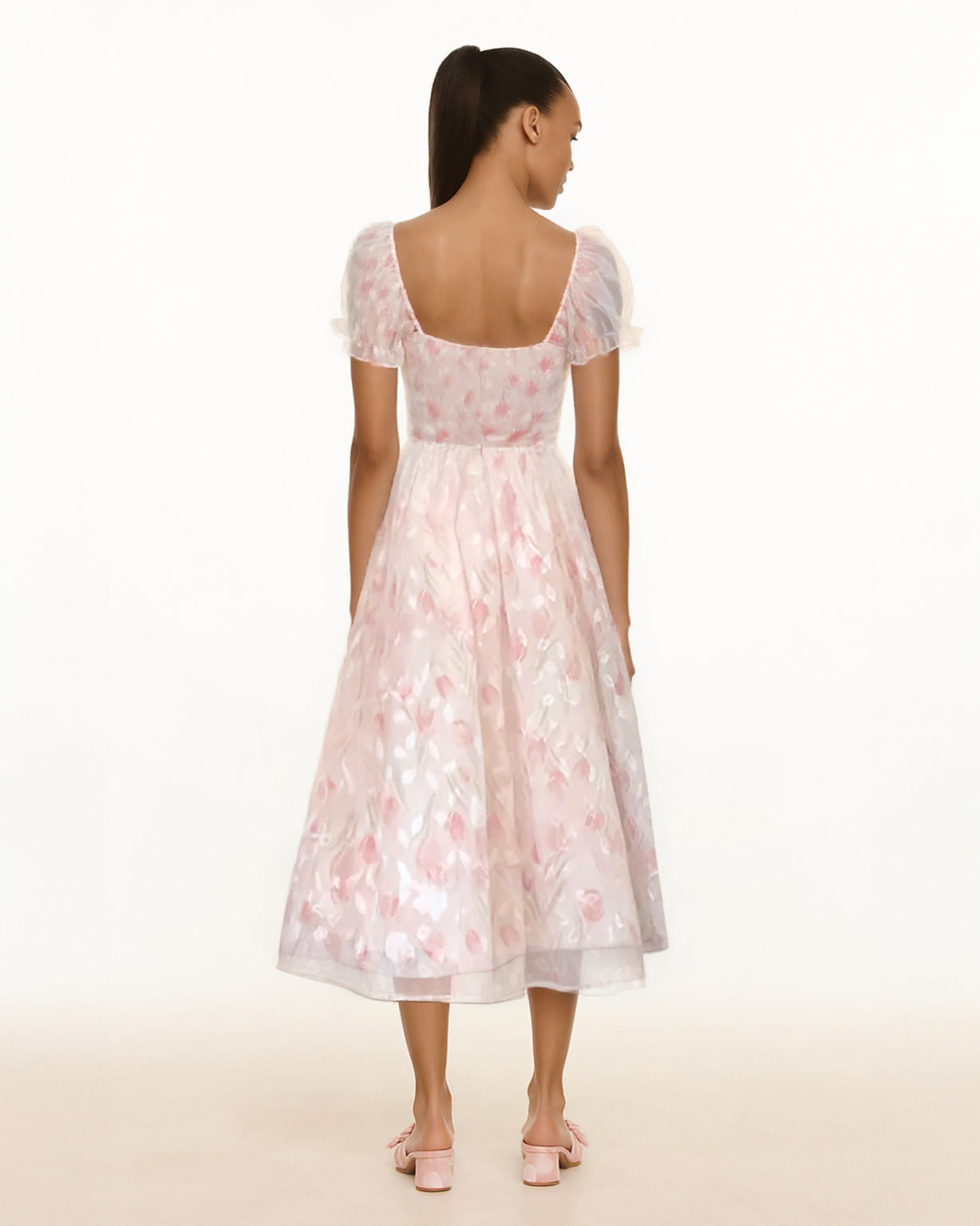 Dear Georgina Beatrice Dress – back view of pink puff sleeve midi dress with floral embroidery and tiered skirt, from the English Garden Party collection.