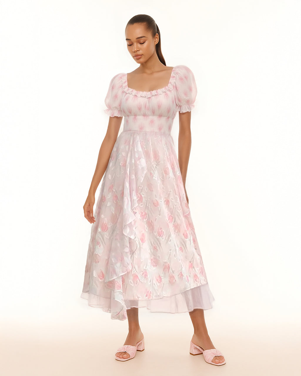 Dear Georgina Beatrice Dress – romantic pink puff sleeve midi dress with square neckline, floral embroidery, and layered skirt, English Garden Party collection.
