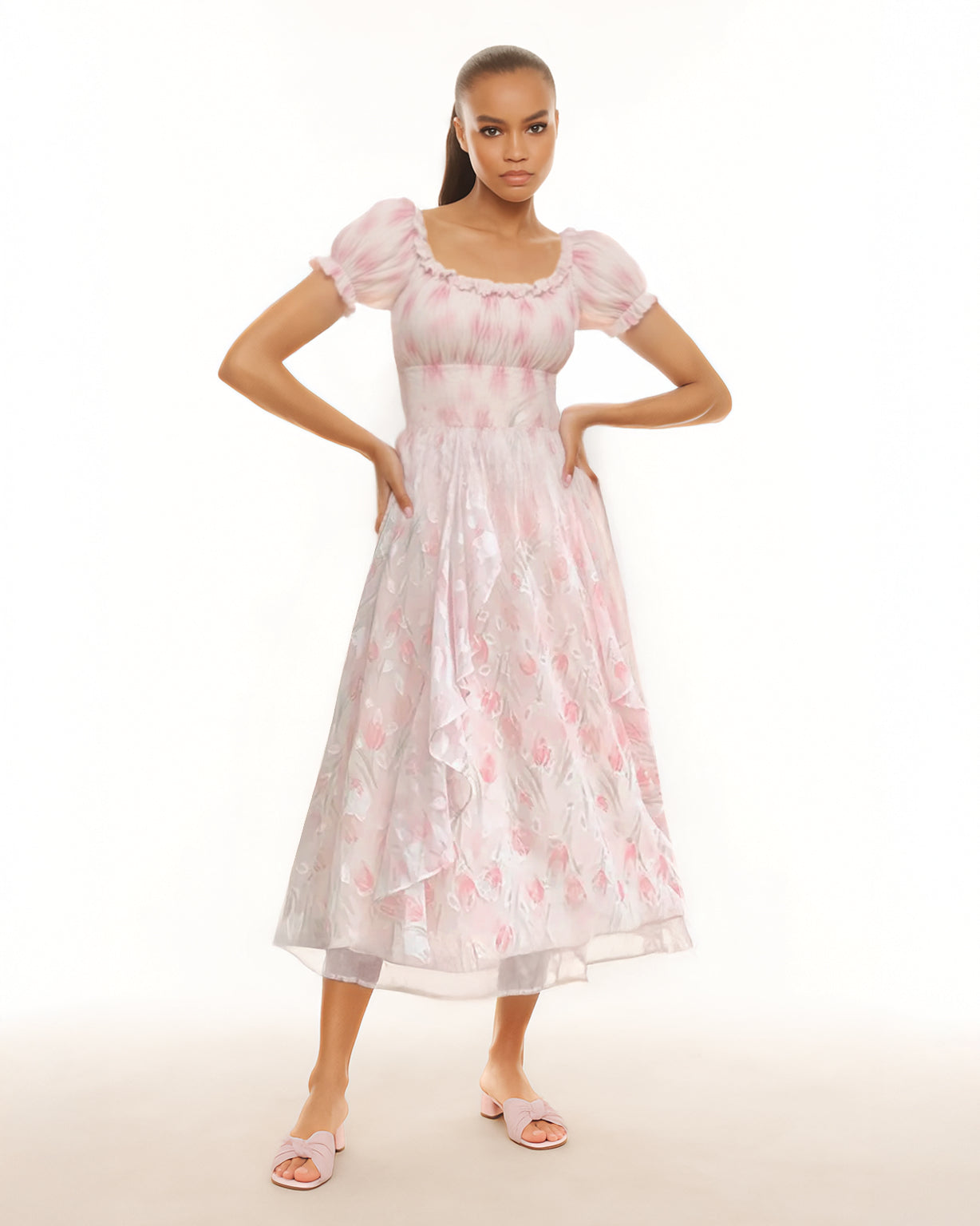 Dear Georgina Beatrice Dress – front view of romantic pink floral midi dress with puff sleeves, fitted bodice, and tiered hem, from the English Garden Party collection.