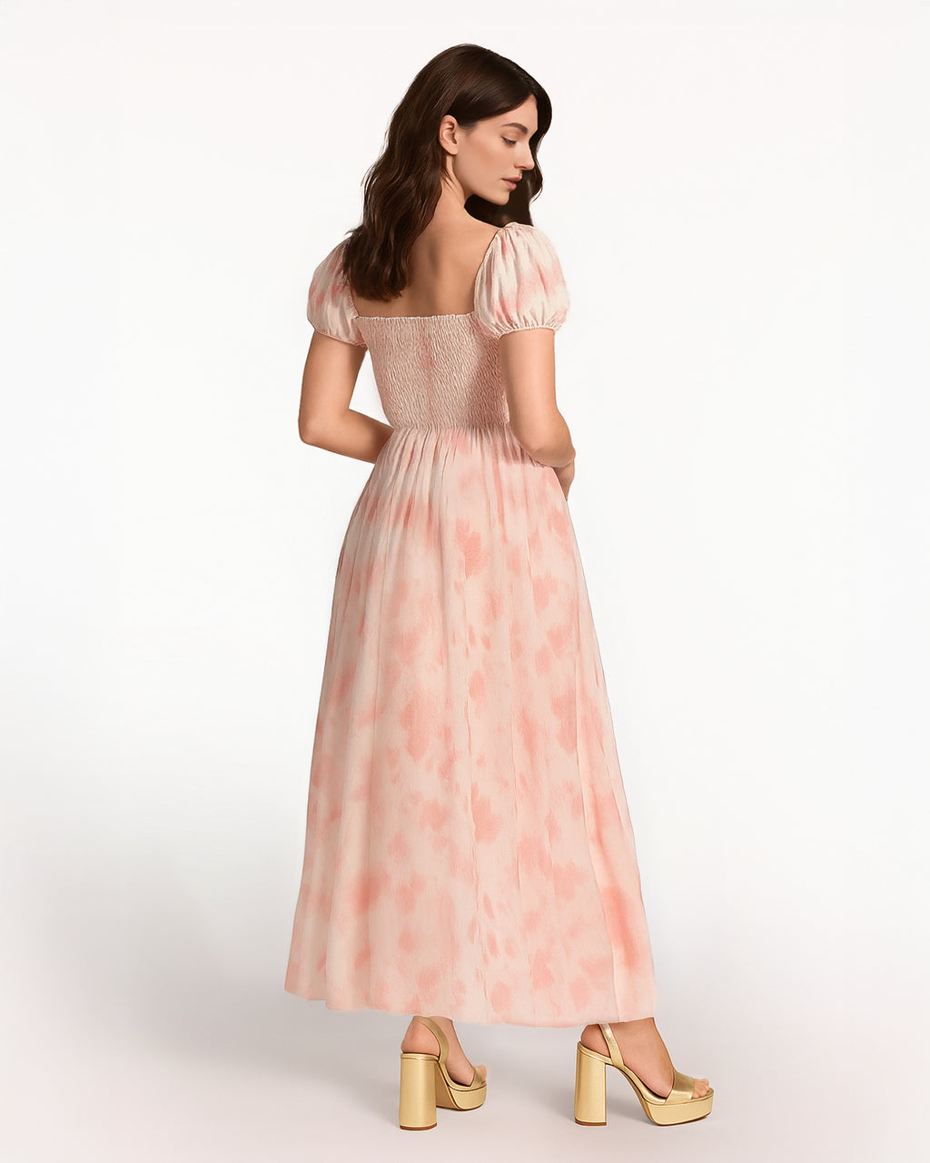 Dear Georgina Cecily Dress – back view showing smocked bodice and flowing A-line skirt, in pink watercolor floral print, from the English Garden Party collection.