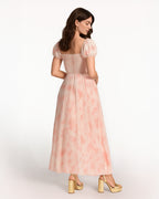 Dear Georgina Cecily Dress – back view showing smocked bodice and flowing A-line skirt, in pink watercolor floral print, from the English Garden Party collection.