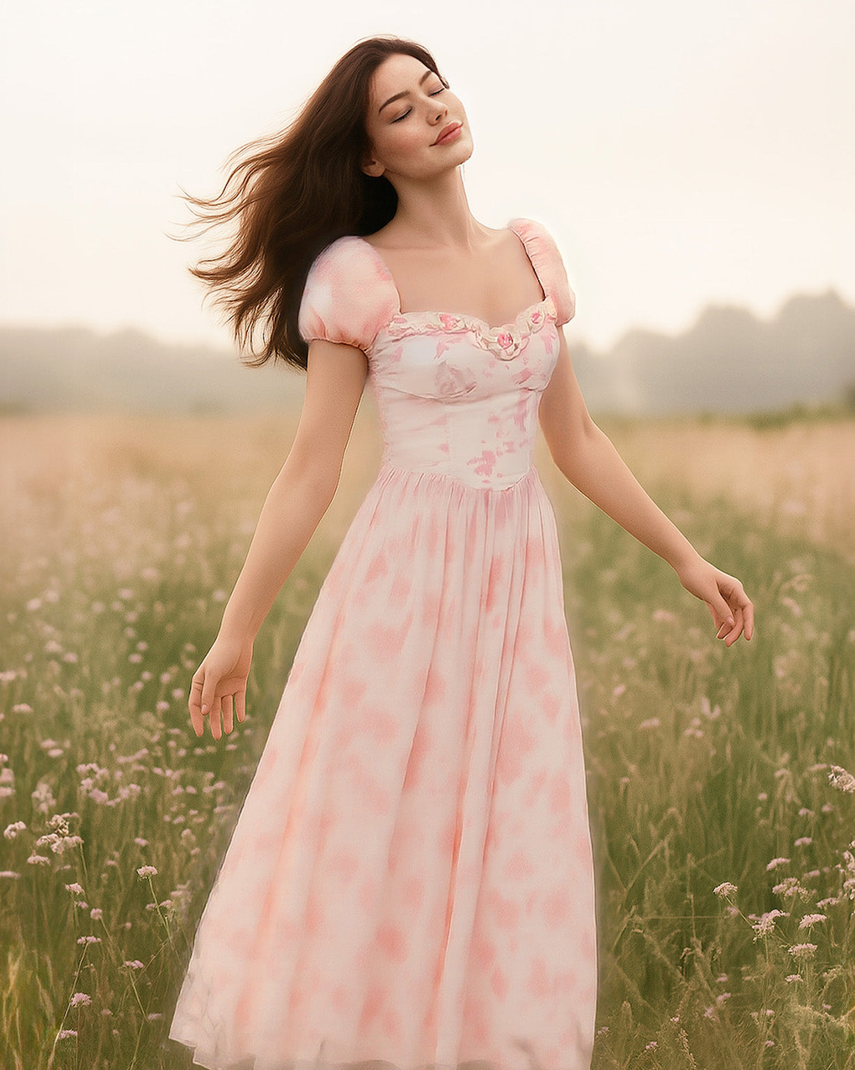 Dear Georgina Cecily Dress — pink floral puff sleeve midi dress with lace rose heart-shaped bodice and flowing A-line skirt, from the English Garden Party collection, modeled in a wildflower meadow
