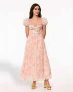 Dear Georgina Cecily Dress – front view of pink floral puff sleeve midi dress with lace rose heart-shaped bodice, from the English Garden Party collection.