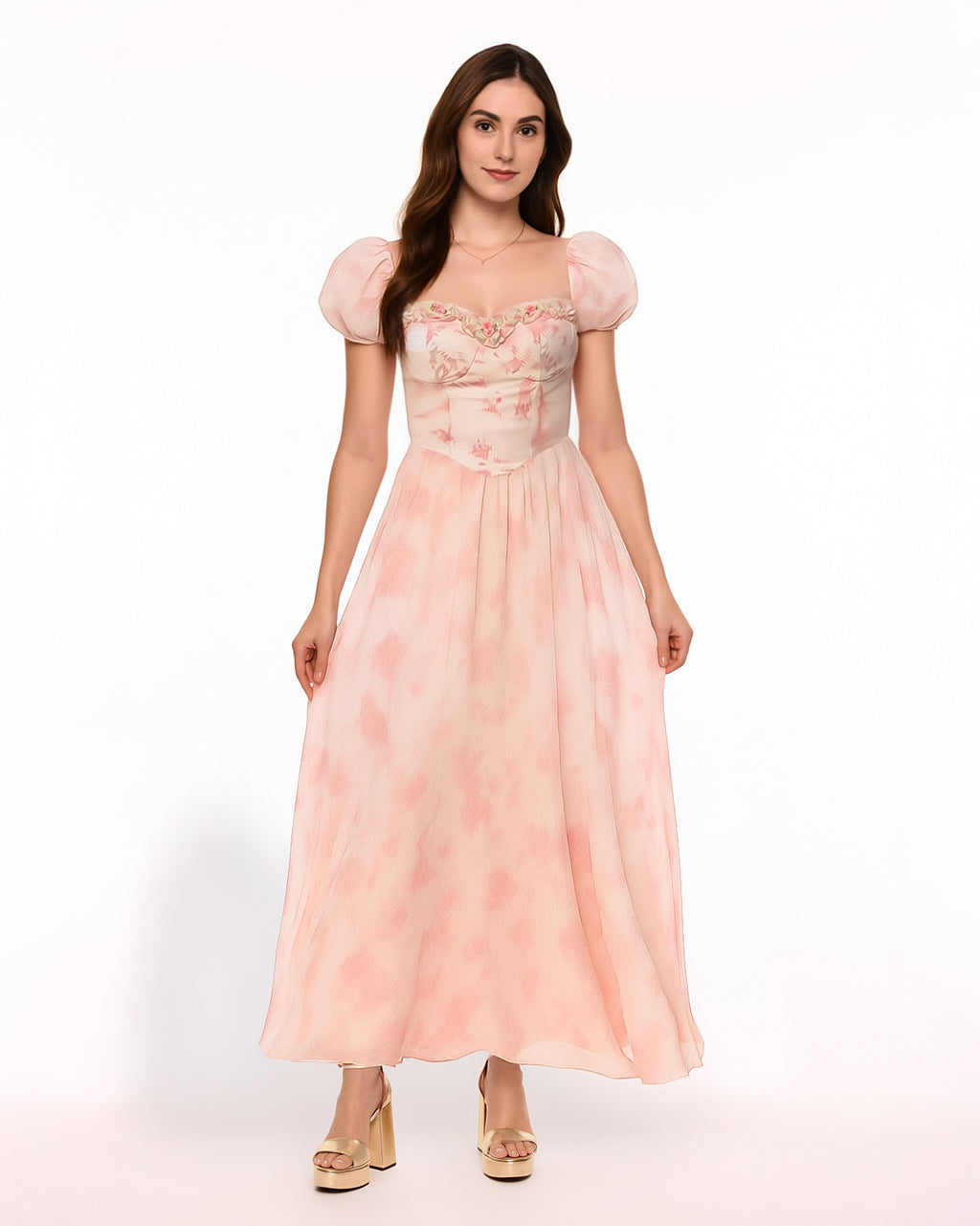 Dear Georgina Cecily Dress – front view of romantic pink puff sleeve midi dress with lace-trimmed heart-shaped bodice and crinkle-textured A-line skirt, English Garden Party collection.