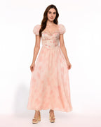 Dear Georgina Cecily Dress – front view of romantic pink puff sleeve midi dress with lace-trimmed heart-shaped bodice and crinkle-textured A-line skirt, English Garden Party collection.