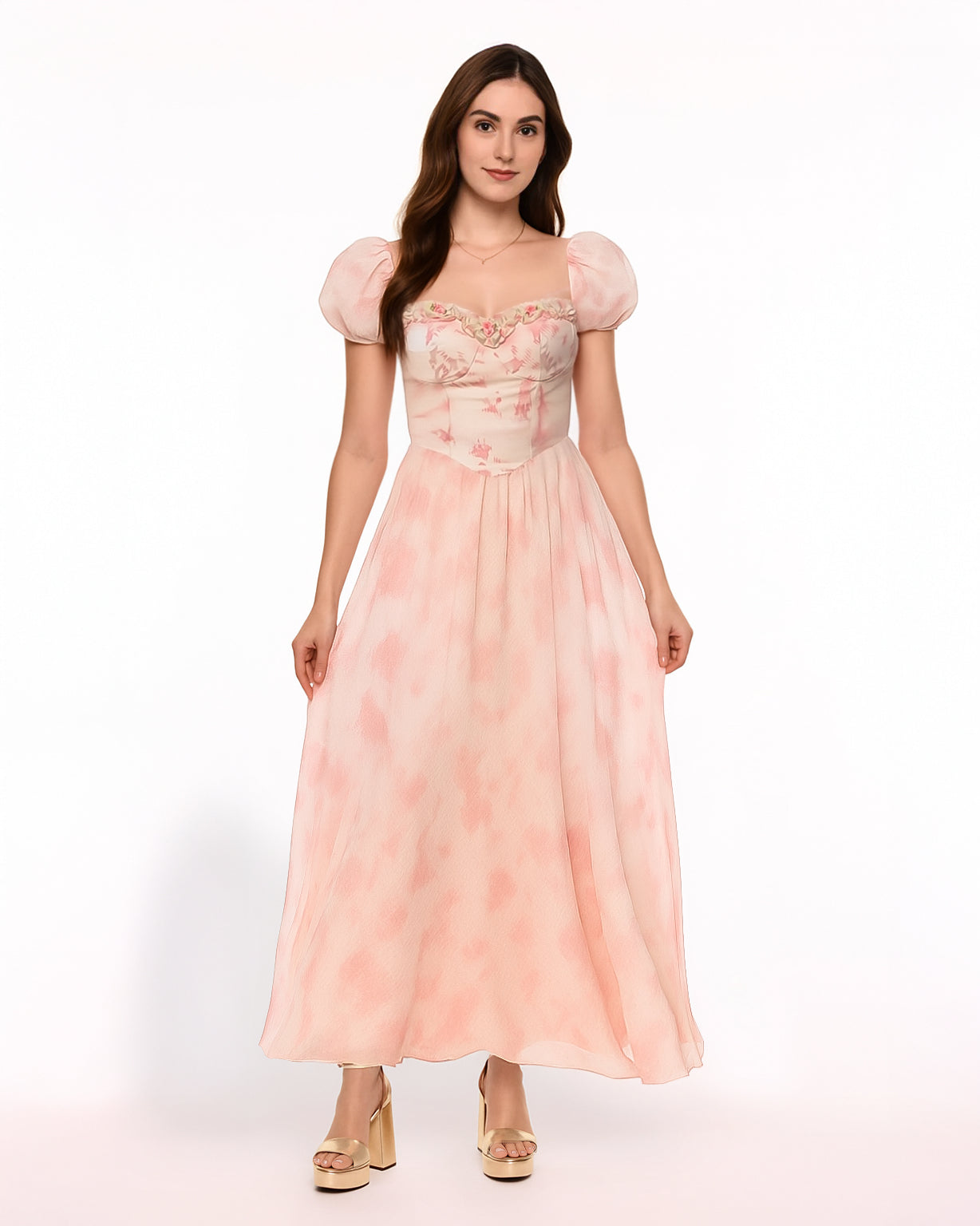 Dear Georgina Cecily Dress – front view of romantic pink puff sleeve midi dress with lace-trimmed heart-shaped bodice and crinkle-textured A-line skirt, English Garden Party collection.