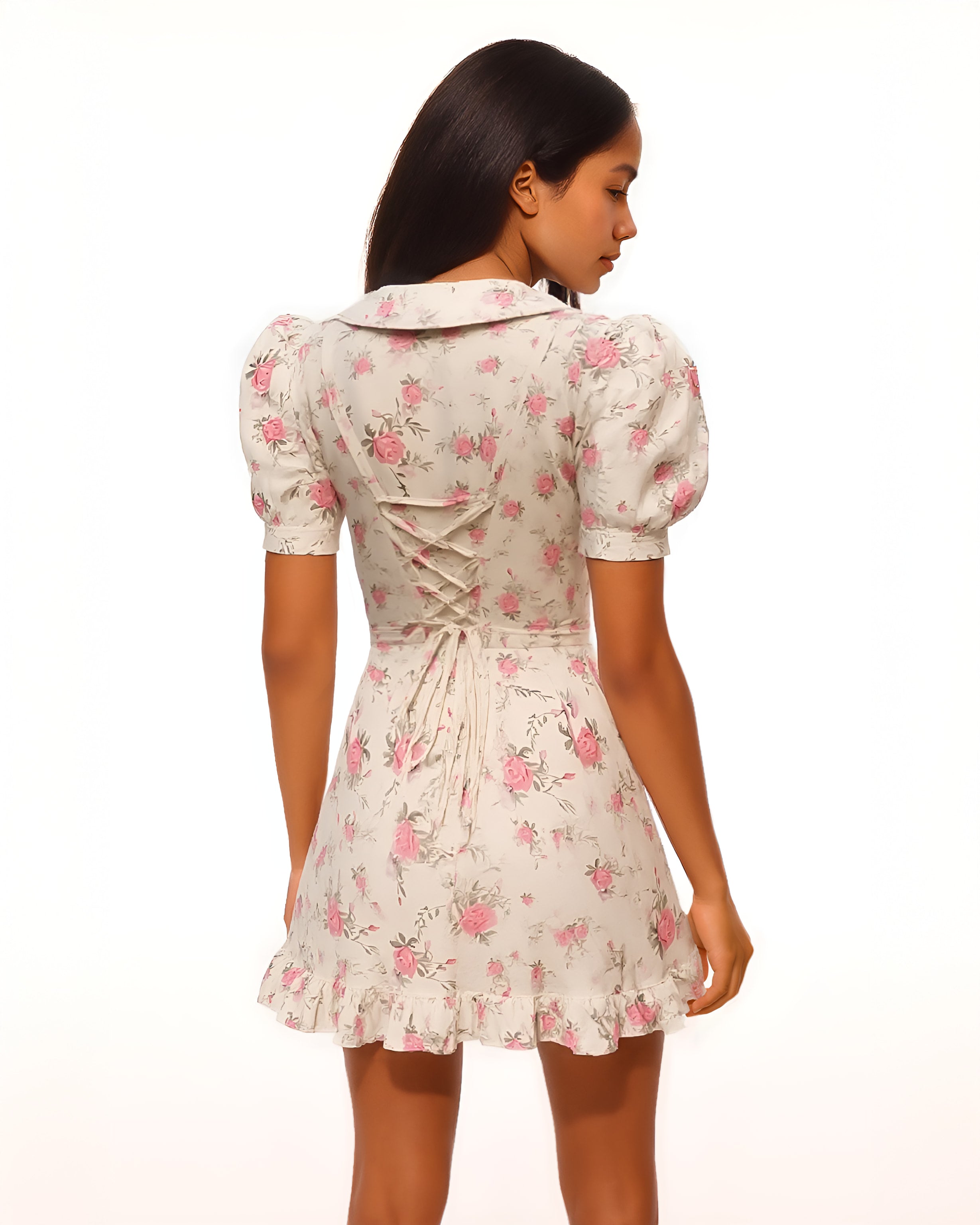 Dear Georgina Eloise Mini Dress – back view of floral puff sleeve mini dress with lace-up corset detail and ruffle hem, in pink rose print from the English Garden Party collection.