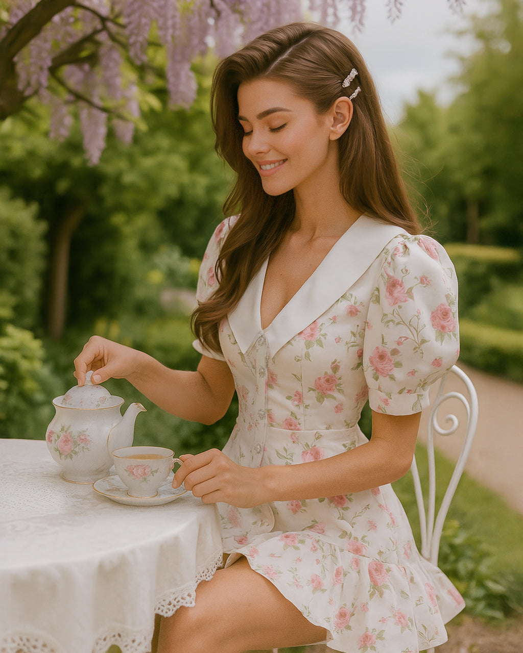 Dear Georgina Eloise Dress – white puff sleeve mini dress with pink rose print, pearl buttons, oversized collar, and flutter hem, styled at a garden tea table, from the English Garden Party collection.