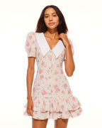Dear Georgina Eloise Mini Dress – front view of pink rose print puff sleeve dress with oversized white collar, pearl buttons, and ruffled hem, from the English Garden Party collection.
