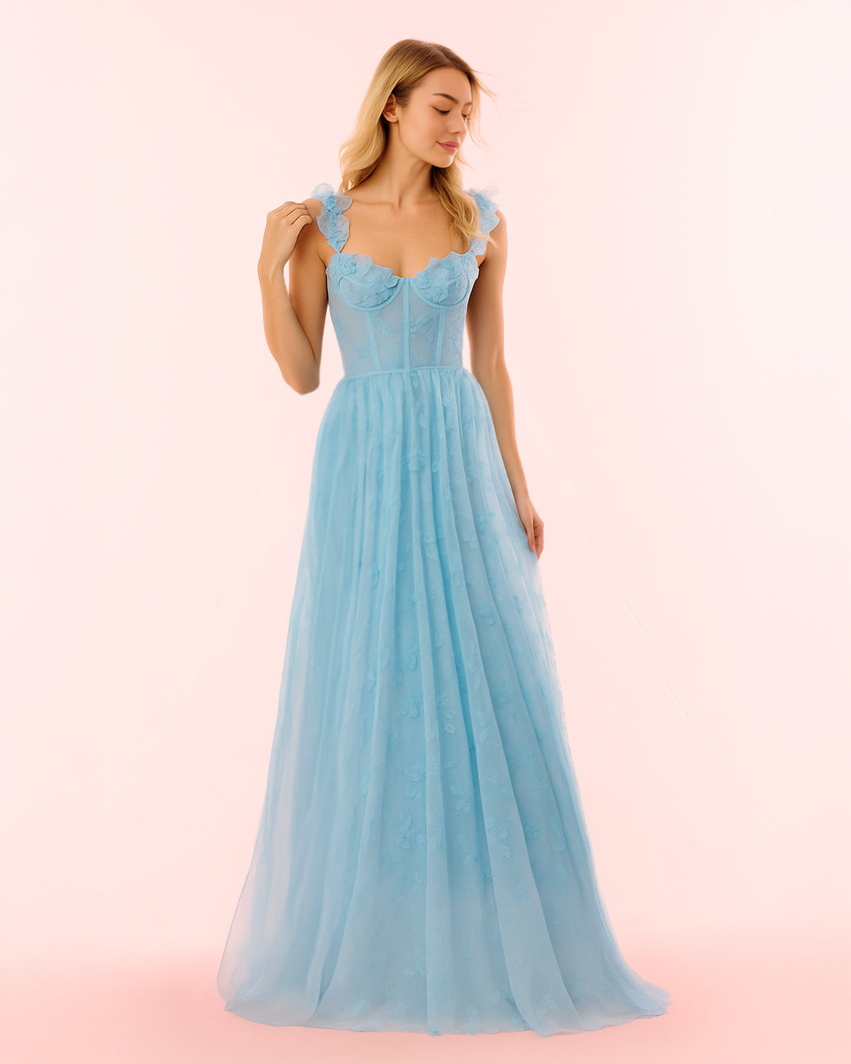 Dear Georgina Georgina Dress in Blue – full-length soft blue embroidered gown with floral appliqué, sheer layered skirt, and sculpted corset waist, from the English Garden Party collection.