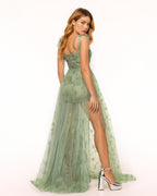 Dear Georgina Georgina Dress – back view of green embroidered corset gown with sheer train and scoop back, from the English Garden Party collection.