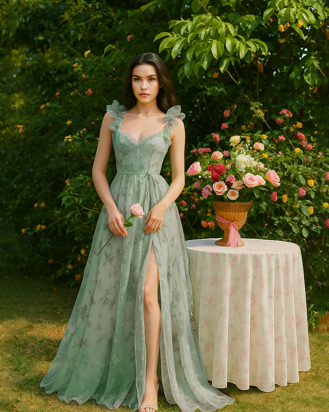 Dear Georgina Georgina Dress in Green – embroidered tulle gown with ruffled straps, sweetheart neckline, and high front slit, styled in a rose garden with a floral-covered table, from the English Garden Party collection.