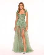 Dear Georgina Georgina Dress – green floor-length embroidered gown with ruffled straps, corset bodice, sheer layered skirt, and front slit, from the English Garden Party collection.