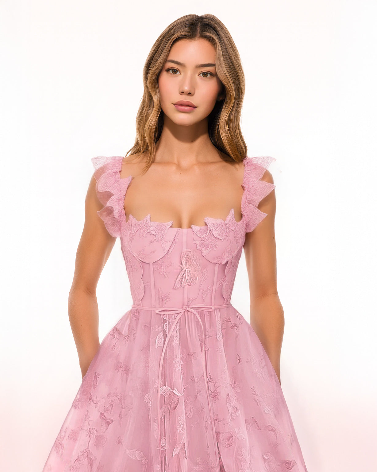 Dear Georgina Georgina Dress in Pink – close-up of pink embroidered tulle gown with sculpted corset bodice, lace-trimmed straps, and sweetheart neckline, from the English Garden Party collection.
