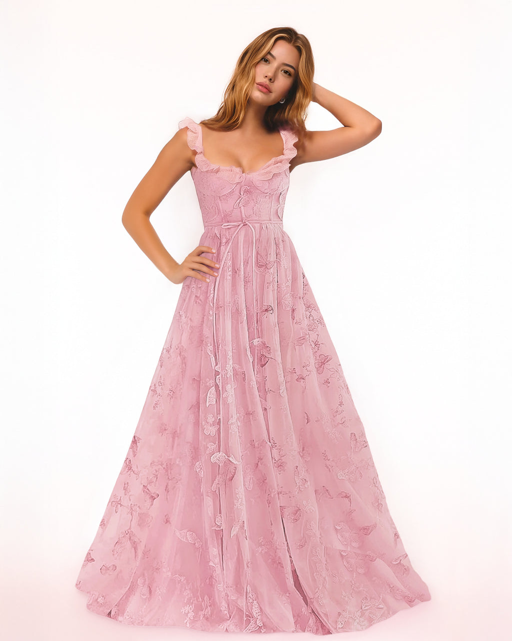 Dear Georgina Georgina Dress in Pink – romantic pink tulle gown with floral embroidery, ruched bodice, and sheer layered skirt, styled with ruffle shoulder straps, from the English Garden Party collection