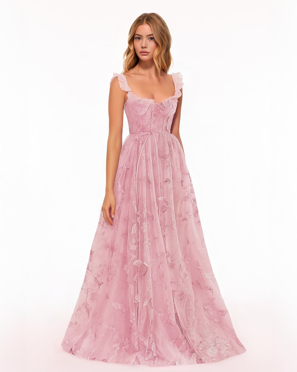Dear Georgina Georgina Dress in Pink – front view of embroidered pink floor-length gown with corset waist, tie detail, and ruffle shoulder straps, from the English Garden Party collection.