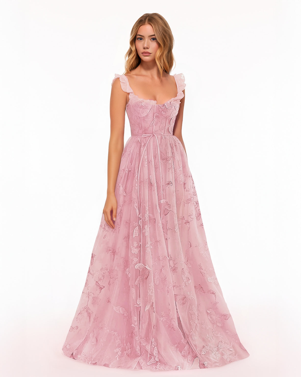 Dear Georgina Georgina Dress in Pink – front view of embroidered pink floor-length gown with corset waist, tie detail, and ruffle shoulder straps, from the English Garden Party collection.