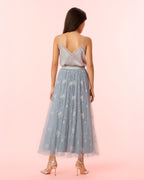 Dear Georgina Ophelia Skirt in Gray – back view of embroidered gray mesh skirt with soft floral overlay and elastic waistband, from the English Garden Party collection.