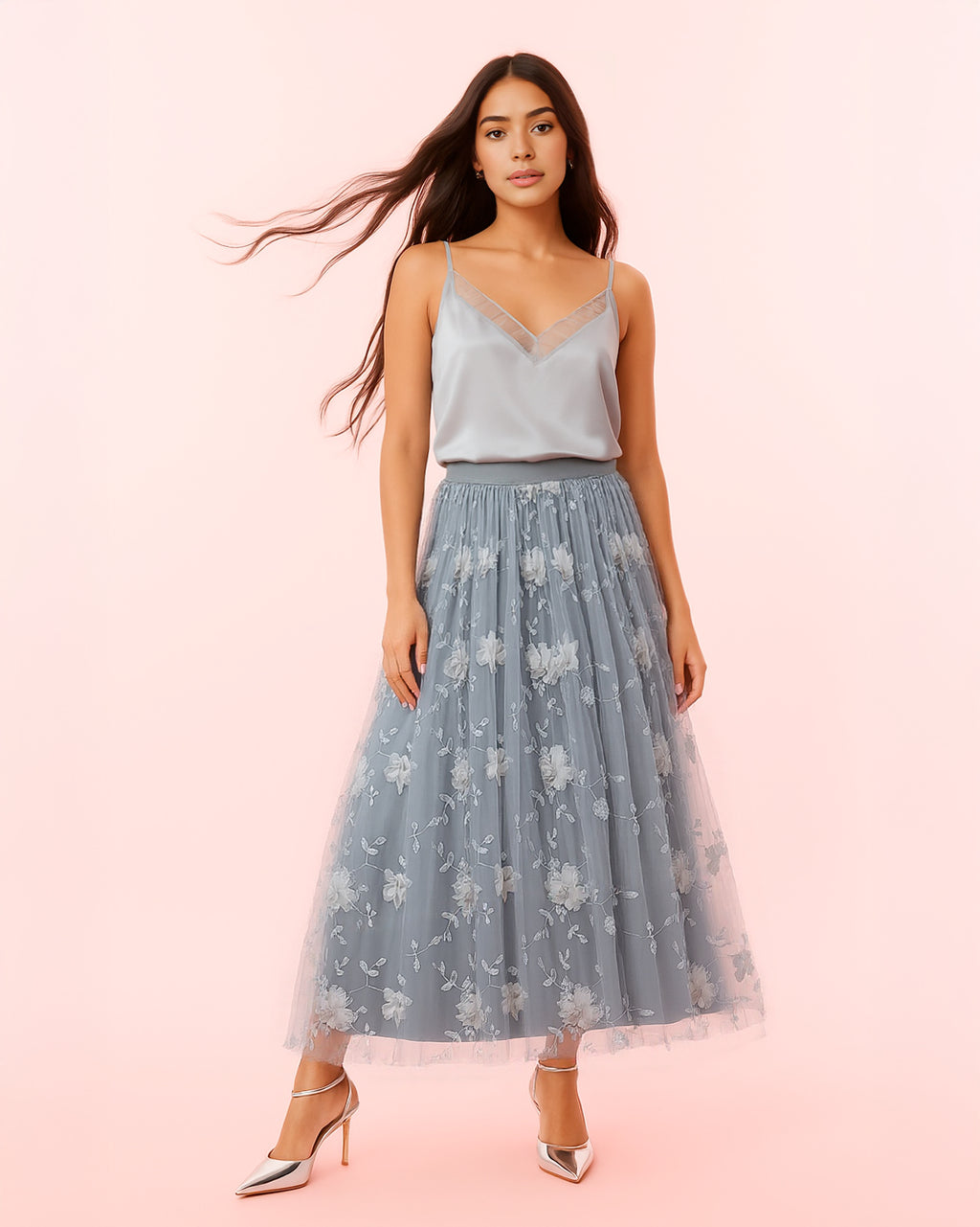 Dear Georgina Ophelia Skirt in Gray – front view of embroidered mesh midi skirt with white floral appliqué and blush lining, styled with a silver satin camisole and metallic heels, from the English Garden Party collection.