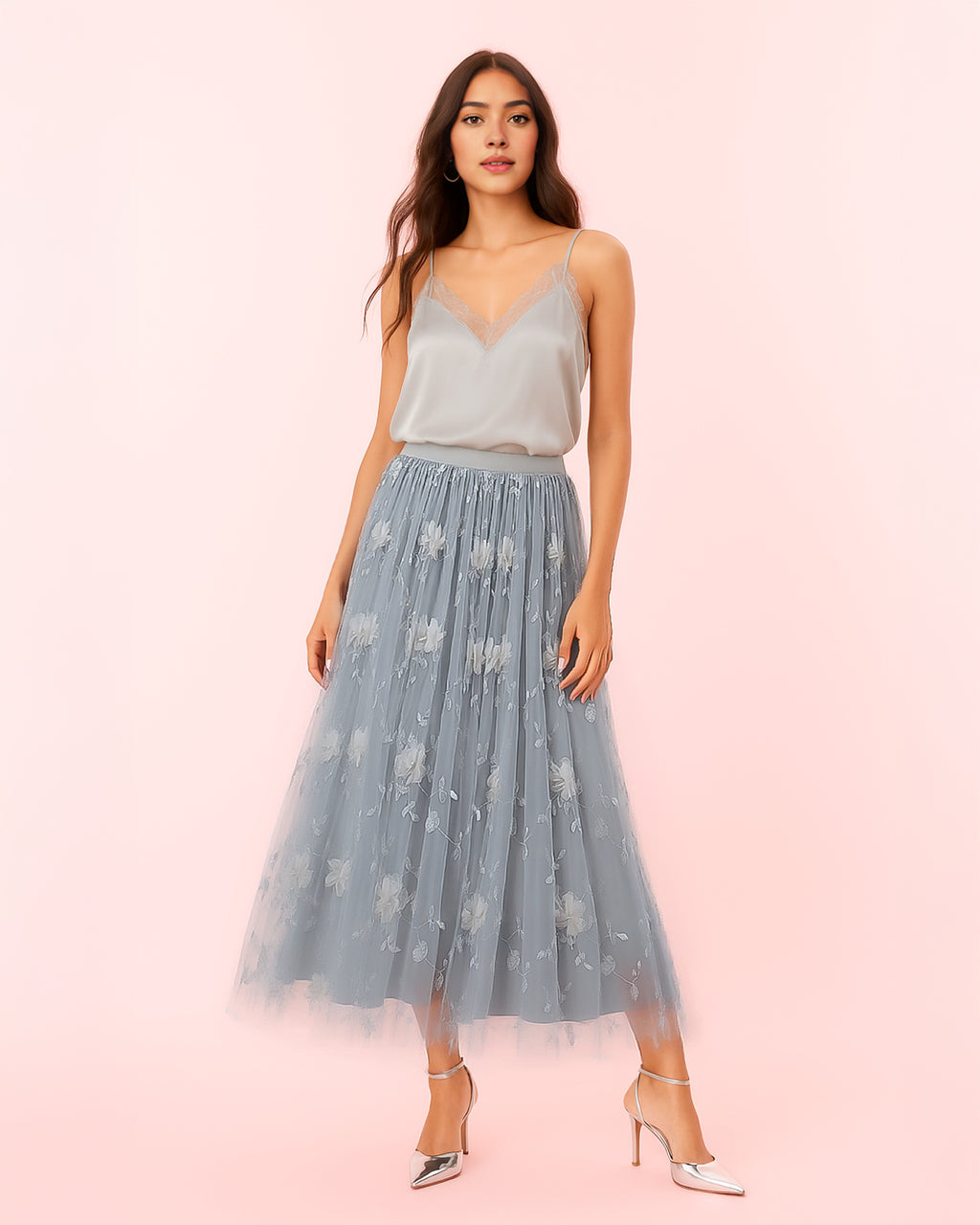 Dear Georgina Ophelia Skirt in Gray – romantic gray tulle midi skirt with embroidered white florals and softly gathered waistband, from the English Garden Party collection.