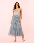 Dear Georgina Ophelia Skirt in Gray – romantic gray tulle midi skirt with embroidered white florals and softly gathered waistband, from the English Garden Party collection.