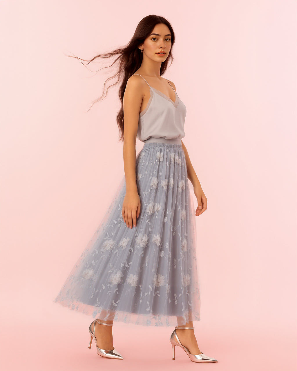 Dear Georgina Ophelia Skirt in Gray – side view of sheer gray floral embroidered midi skirt with soft lining and flowing silhouette, styled with silver heels, from the English Garden Party collection.