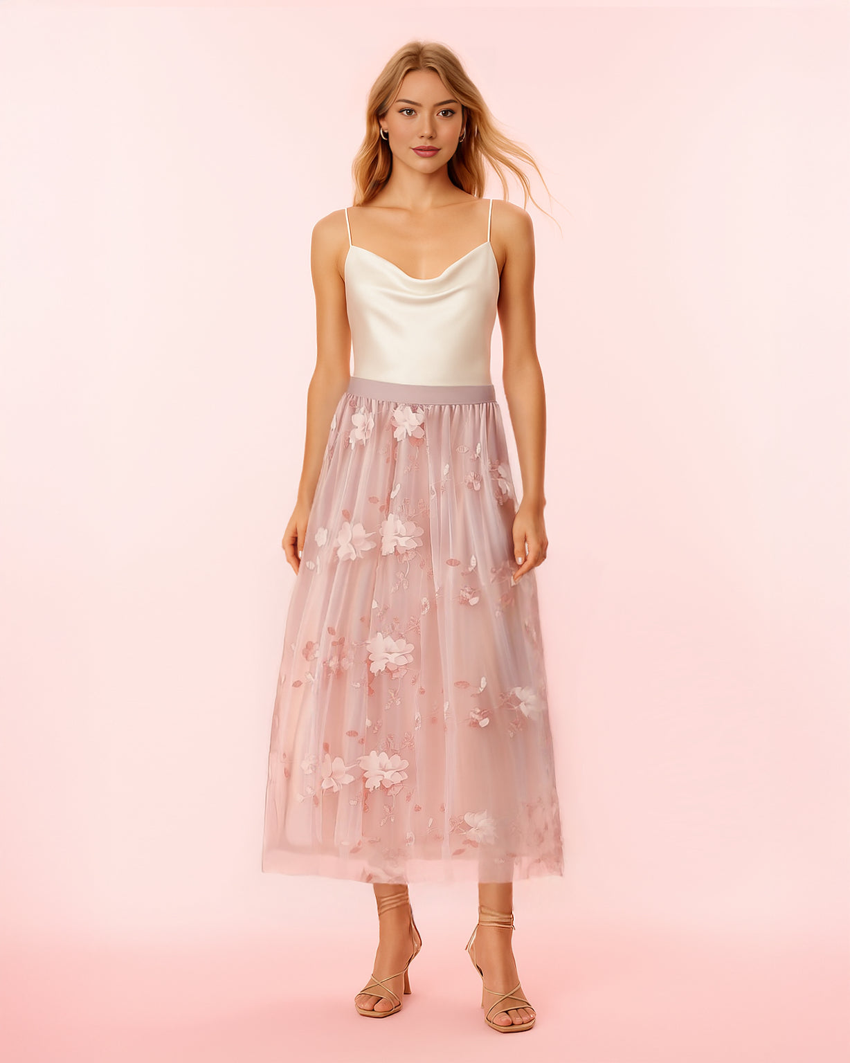 Dear Georgina Ophelia Skirt in Pink – romantic pink tulle midi skirt with floral embroidery and gently flared silhouette, styled with a white satin top, from the English Garden Party collection.