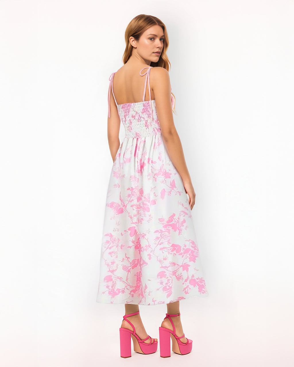 Dear Georgina Virginia Dress – back view of pink floral midi dress with smocked back and adjustable tie shoulder straps, from the English Garden Party collection.
