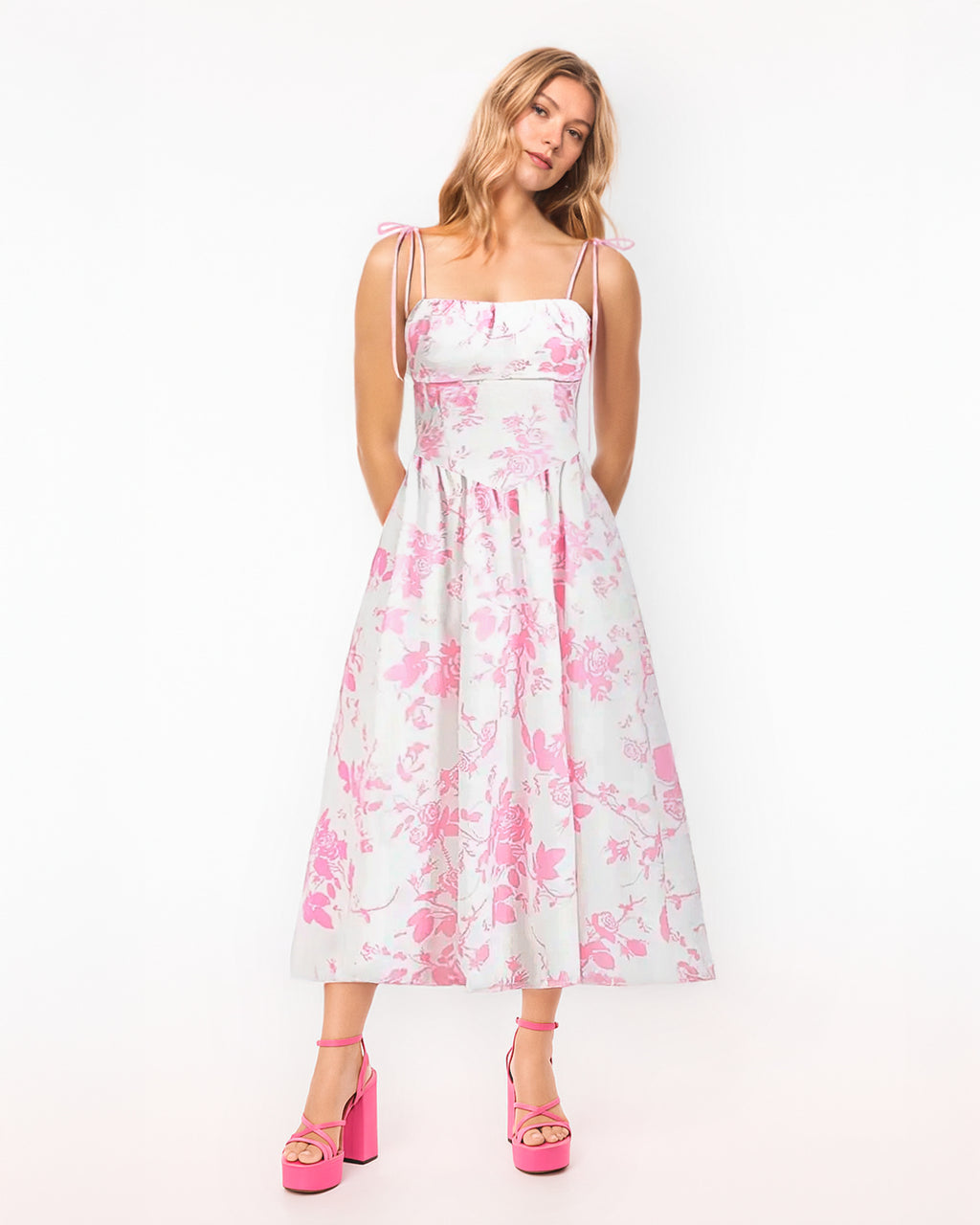 Dear Georgina Virginia Dress – front view of pink floral midi dress with square neckline, fitted bodice, and pleated A-line skirt, from the English Garden Party collection.