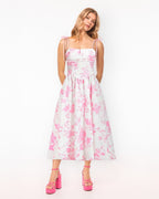 Dear Georgina Virginia Dress – front view of pink floral midi dress with square neckline, fitted bodice, and pleated A-line skirt, from the English Garden Party collection.