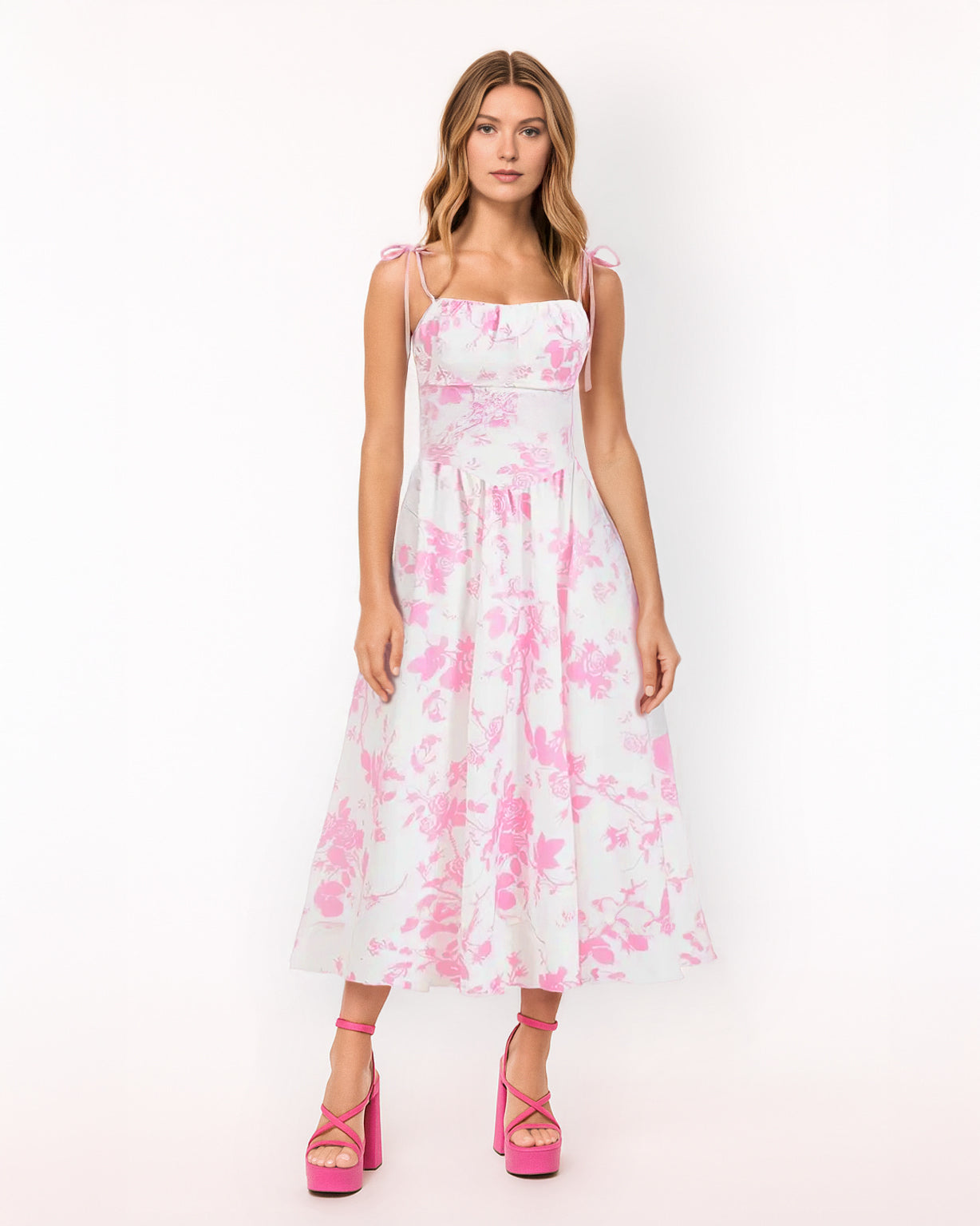 Dear Georgina Virginia Dress – pink floral midi dress with sculpted bodice, self-tie shoulder straps, and softly pleated skirt, from the English Garden Party collection.