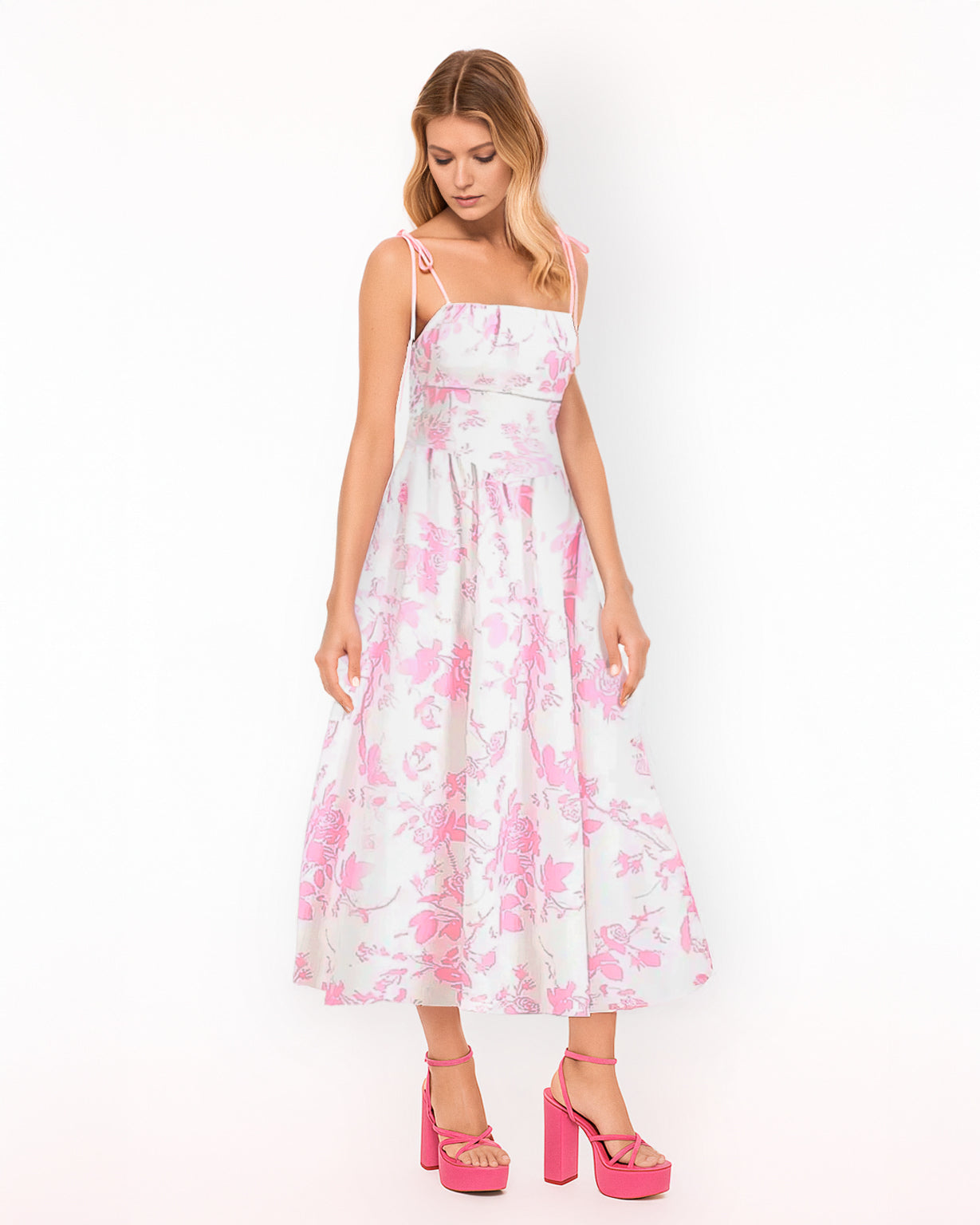 Dear Georgina Virginia Dress – side view of pink floral midi dress with self-tie straps, sculpted bodice, and full A-line skirt, from the English Garden Party collection.