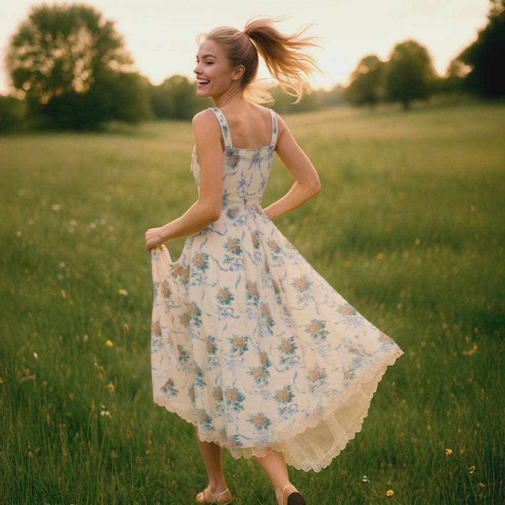 Watch the Arabella Dress in Yellow by Dear Georgina in motion — a romantic floral midi dress with a sweetheart neckline, ruched bust, wide straps, and lace-trimmed hem. Styled in a sunlit garden, this piece from the English Garden Party collection captures a sense of effortless elegance and heirloom charm.