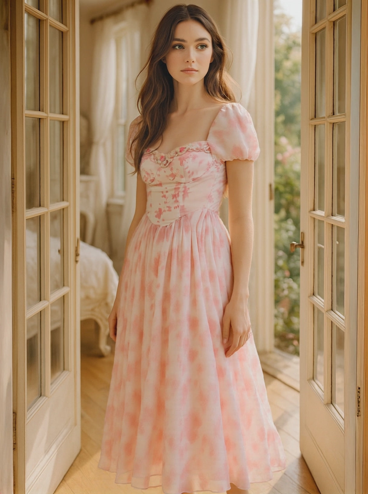 Dear Georgina Beatrice Dress – romantic pink midi dress with puff sleeves, floral embroidery, and tiered skirt, shown in motion from the English Garden Party collection.