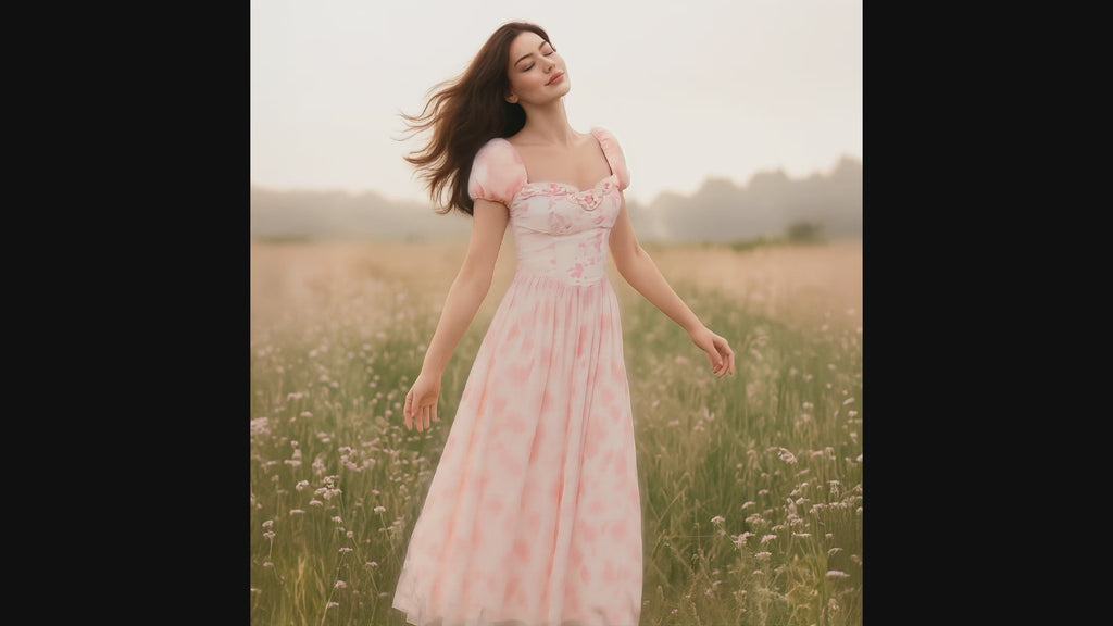 Dear Georgina Cecily Dress – pink floral puff sleeve midi dress with lace heart-shaped bodice, from the English Garden Party collection, modeled outdoors in wildflower meadow